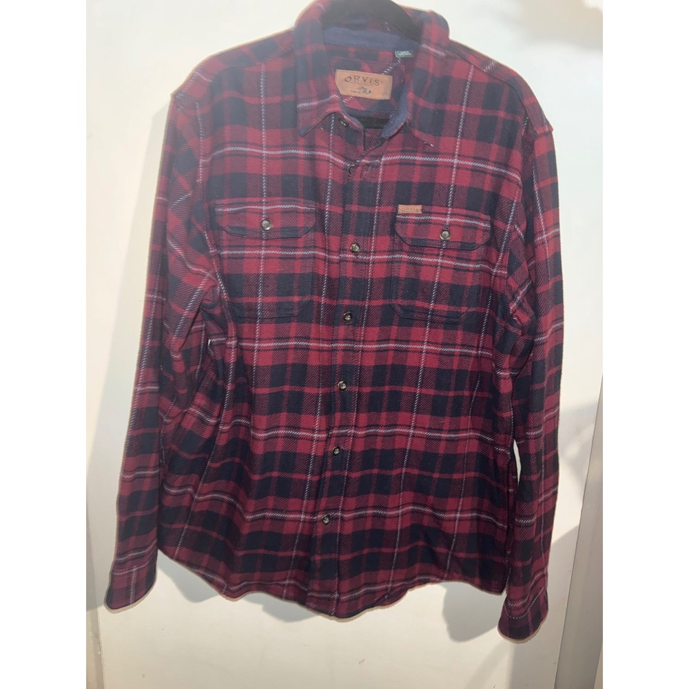 Orvis Mens Red Navy Blue Plaid Flannel Button Down Shirt Large Classic